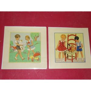 "children's Games", Pair Of Engravings From The 1930s.