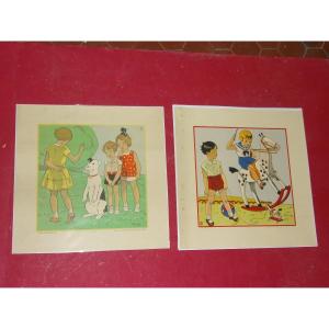 "children's Games", Pair Of Engravings From The 1930s.