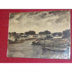 "route Du Palais", Watercolor Signed Charles Bichet, Early 20th Century.