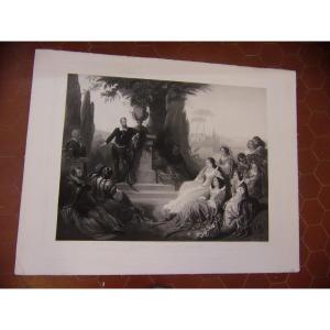 Le Tasse (poet, Writer) At The Court Of Ferrara, Large Engraving From The 19th Century.