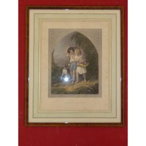 Paul And Virginie, "the Downpour", 19th Century Engraving.