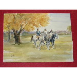 Horseback Riding, Original Watercolor From The 20th Century.