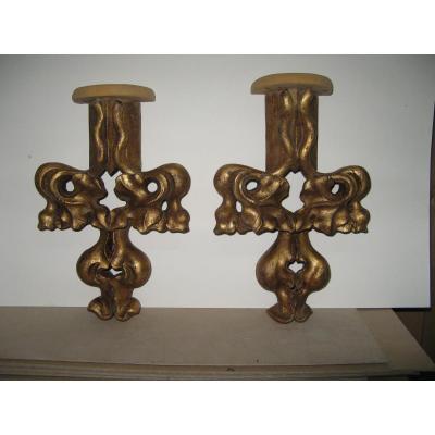 Pair Carved Wooden Wall Golden 19th.