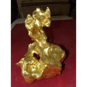 Decoration: Carved And Gilded Wooden Element, 20th Century.