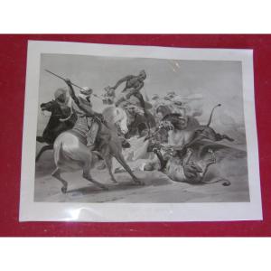 The "lion Hunt", Orientalist Engraving From The 19th Century.