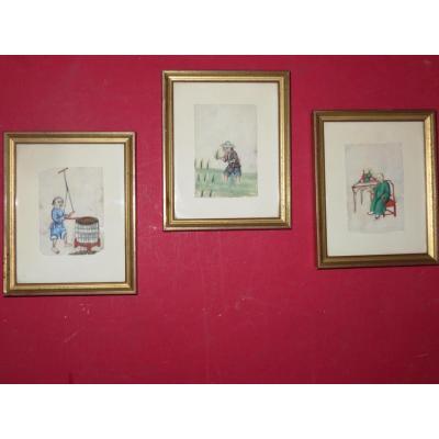 Three Chinese Watercolors On Rice Paper From 19th Time.