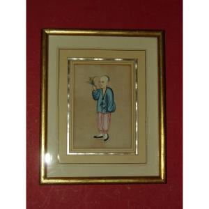 Young Man Offering A Bouquet Of Flowers, Chinese Drawing On Rice Paper, 19th Century.