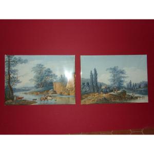 Pair Of Watercolors From The Late 18th Century, Lively Pastoral Landscapes.
