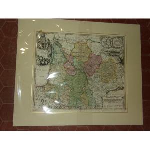  Large Geographical Map Of Aquitaine By Johann Baptist Homann, 17th Century.