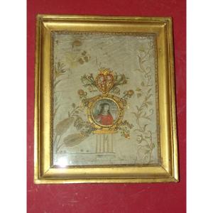 Convent Painting In Paperolles; Medallion Of Saint, Late 18th Century.