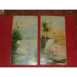 Pair Of Paintings, Egrets And Swans, Period, 20th Century, Art Nouveau.