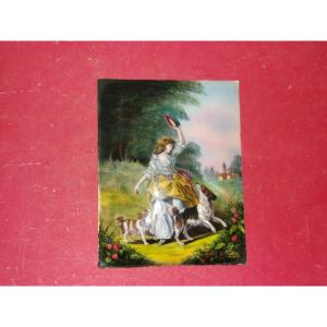 Young Girl With Her Dogs, Large Limoges Email, 20th Century.
