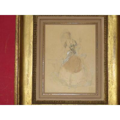 "elegant With Parasol" Watercolor Signed, 19th Time.