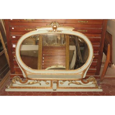Oval Mirror, Italian, In Painted And Gilded Wood, 19th Time.