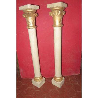 Pair Of Columns In Painted And Gilded Wood, Early 19th Time.