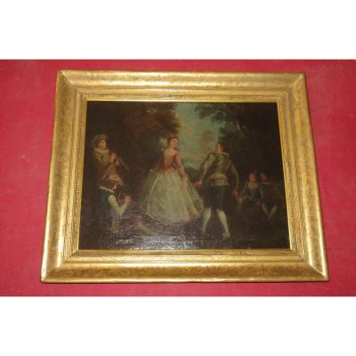 Galante Scene With Musicians, 18th Century Painting.