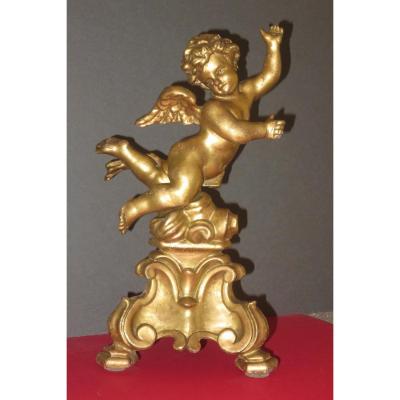 Winged Angel, Venetian Statue In Golden Wood, 19th Time.
