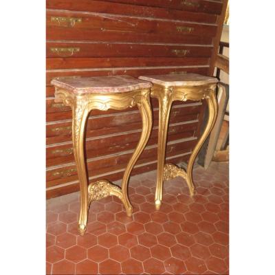 Pair Of Console With Two Feet, 19th Time, In Golden Wood.