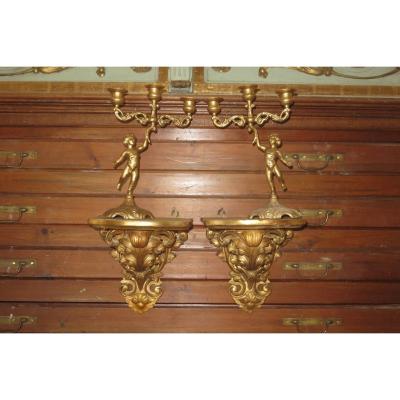 Pair Of Candlesticks 3 Lights In Golden Copper, 19th Time.