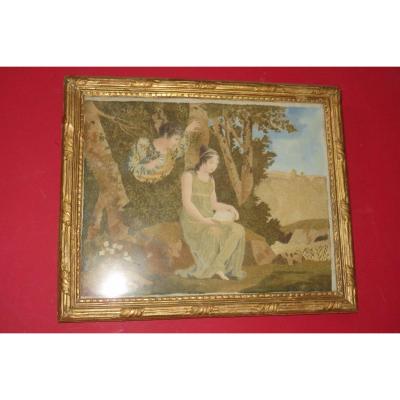 Romantic Scene, Watercolor And "chenille" Embroidery, Early 19th Time.