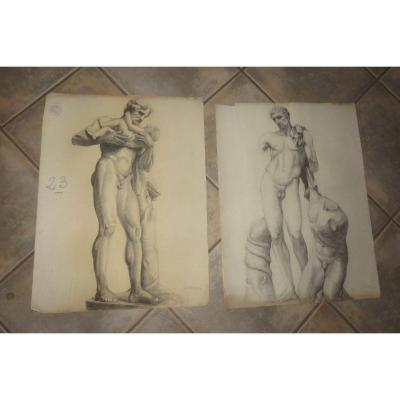 Two Large Drawings Of Nudes From The Early 20th Century.