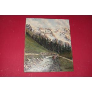 Snowy Mountain Landscape, Oil On Canvas Early 20th Century.