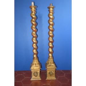 Pair Of Twisted Columns, 19th Time, In Golden Wood.