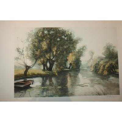 Swans On A River, Etching 20th Time.