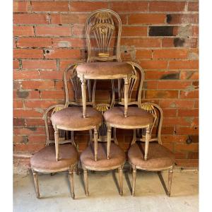 Series Of 6 Louis XVI Style Mongolfiere Chairs In Lacquered And Gilded Wood