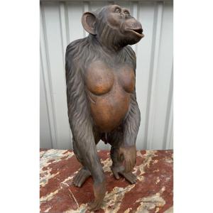Life Size Chimpanzee Wooden Sculpture Sulphide Eyes 