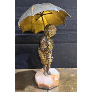 Demetre Chiparus – The Child With An Umbrella Patinated Bronze Sculpture – Onyx Base