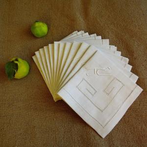 12 Old Towels In Linen Thread Embroidered From The Day Of Venice, Monogrammed Jc Around 1930