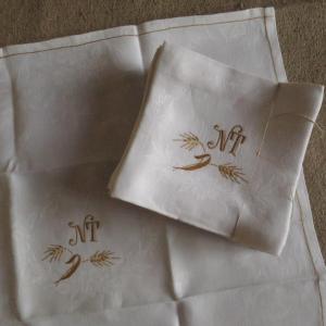 12 Old Damask Linen Napkins Monogrammed Nt With Golden Threads Early 20th Century