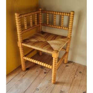 Corner Armchair In Turned Wood And Multicolored Straw Circa 1900