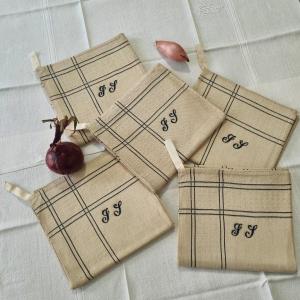 5 Linen Tea Towels With Blue Stripes Monogrammed Js, Late 19th Century
