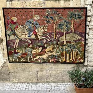 "wild Boar Hunt" Tapestry Troubadour Style, Gros Point, Circa 1950
