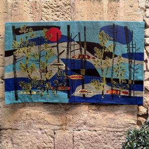 Screen-printed Tapestry “calipso” By René Fumeron, Robert Four Workshop