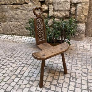 Brutalist Tripod Chair In Carved Wood, Circa 1950