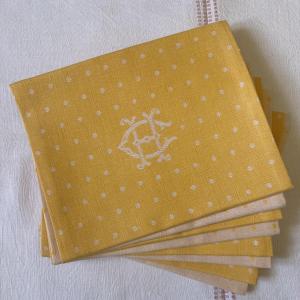 8 Yellow Damask Linen Napkins Monogrammed Ch, Early 20th Century 
