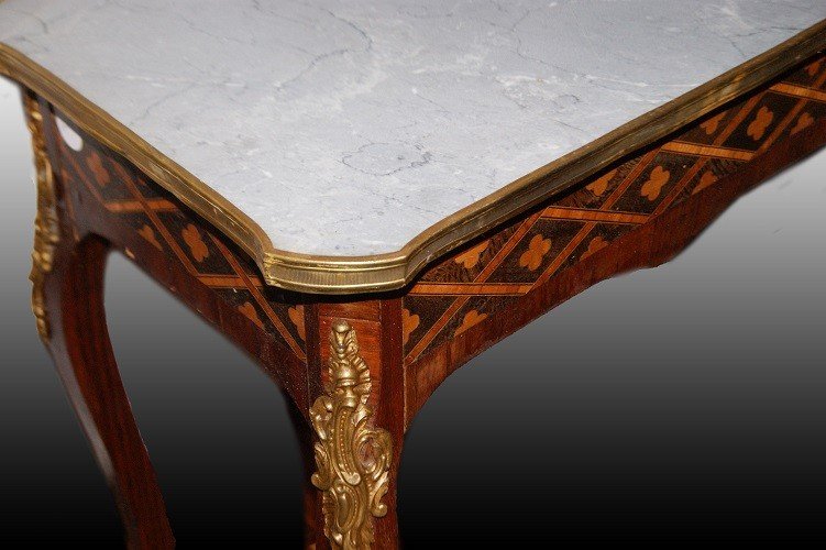 Stupendo tavolino francese del 1800 stile Luigi XV con marmo bronzi e intarsi-photo-3