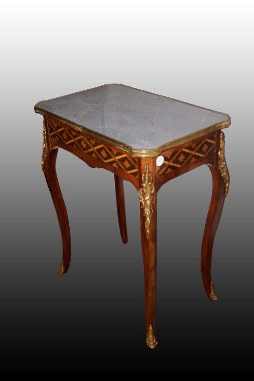 Stupendo tavolino francese del 1800 stile Luigi XV con marmo bronzi e intarsi-photo-4