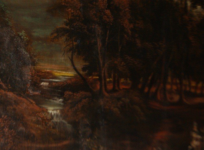 Maestoso olio su tela 2.5 metri raffigurante paesaggio con personaggi al tramonto-photo-3