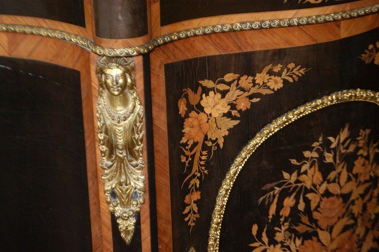 Stupendo servente francese stile Luigi XV in legno di ebano riccamente intarsiato con piano in -photo-3