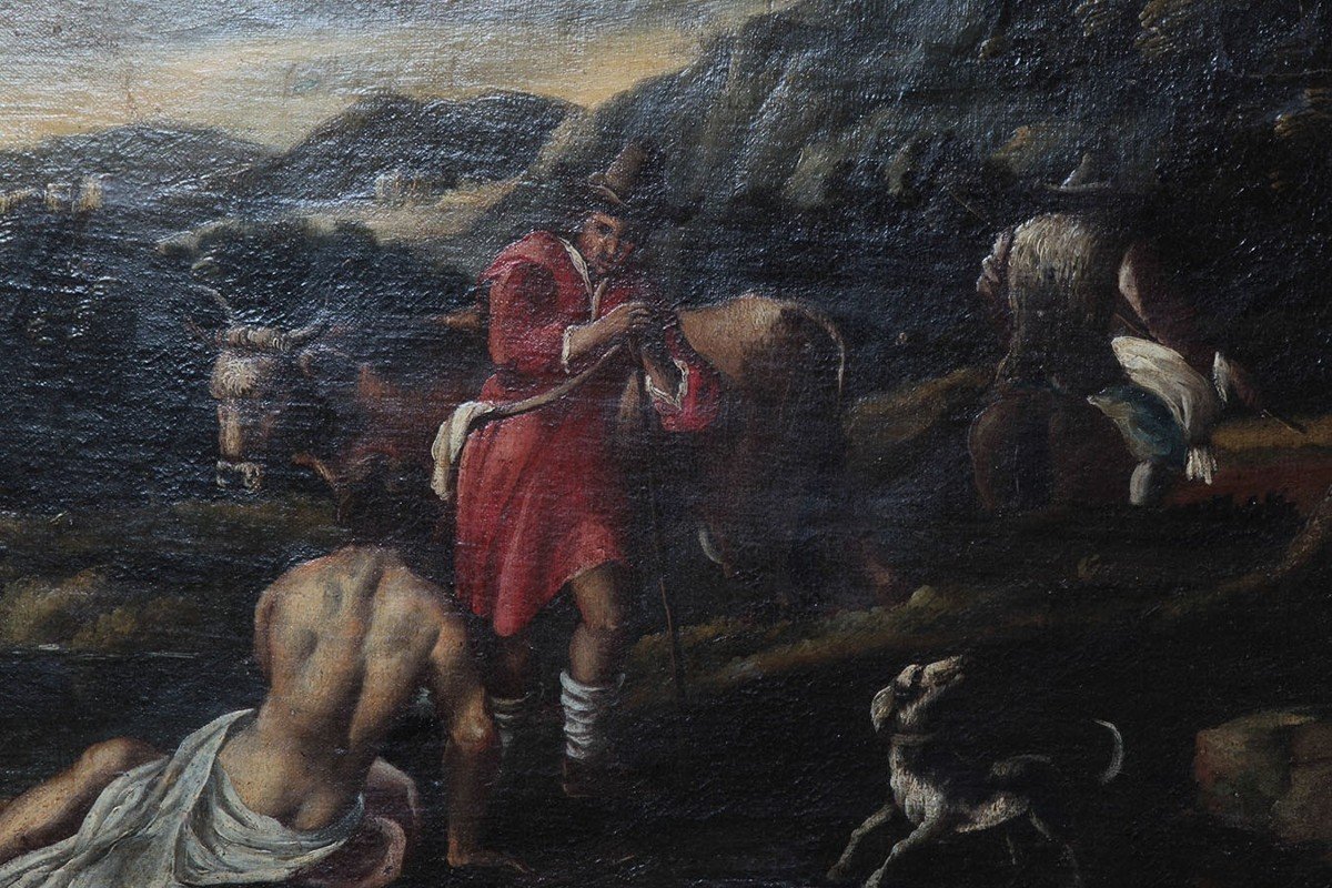 Olio su tela italiano del 1600 Paesaggio bucolico con animali e personaggi-photo-2