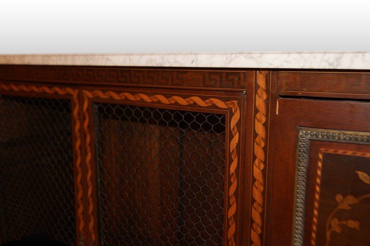 Vetrina 4 porte francese in legno di mogano riccamente intarsiata e con piano in marmo-photo-4