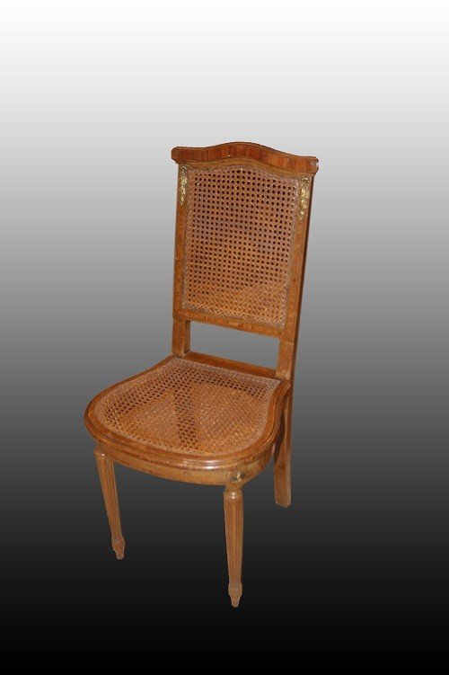 Gruppo di 5 sedie francesi stile Luigi XVI del 1800 incannate con intarsio e bronzi-photo-2