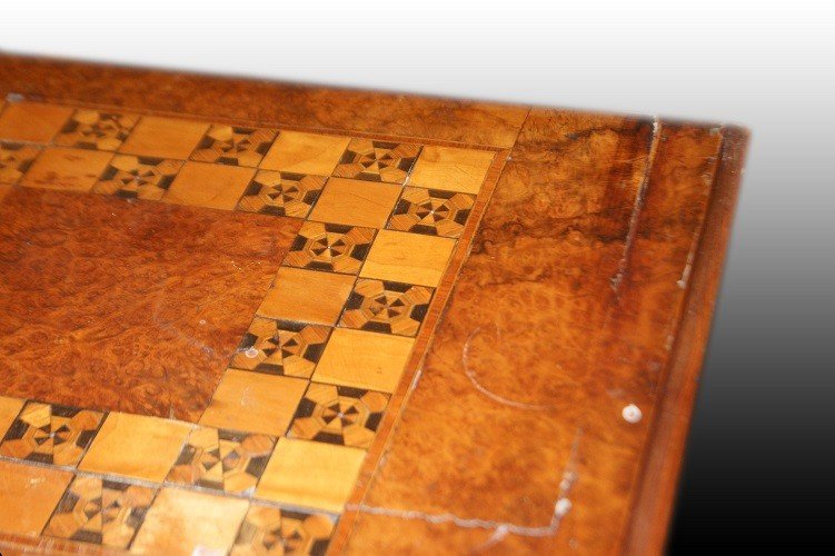Tavolino da lavoro inglese stile Vittoriano in legno di noce con intarsi-photo-4