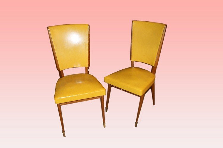 Tavolo italiano stile Decò con gruppo di 6 sedie rivestite in similpelle-photo-2