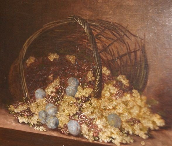 Olio su tele Natura Morta del 1800 Cesto di uva e prugne-photo-2