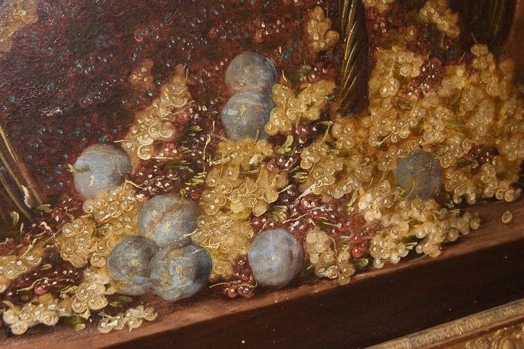 Olio su tele Natura Morta del 1800 Cesto di uva e prugne-photo-4